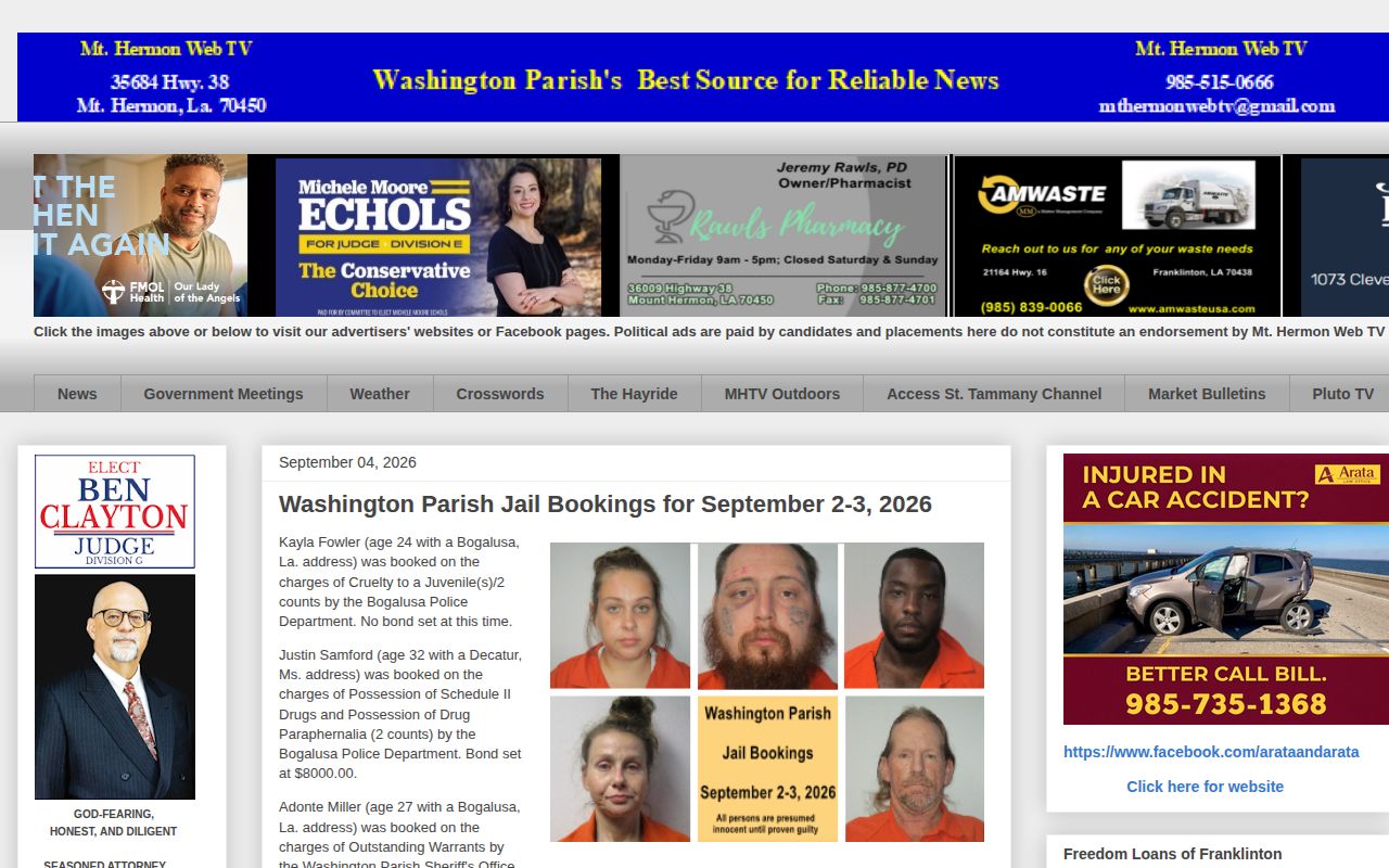 Washington Parish multi-day booking report with dates and agency fields