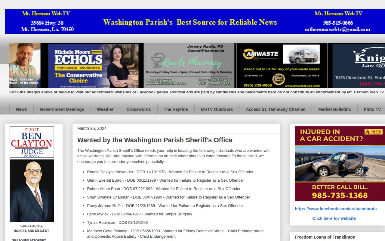 Historical Washington Parish wanted article requiring current arrest warrant verification