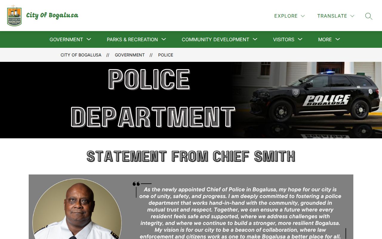 Bogalusa Police Department page with city police, records clerk, and corrections contacts