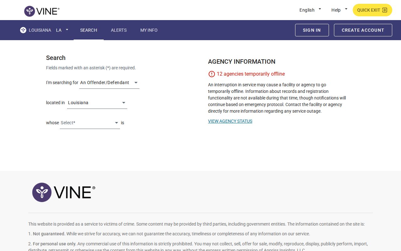 VINELink Louisiana person search screen for a custody check